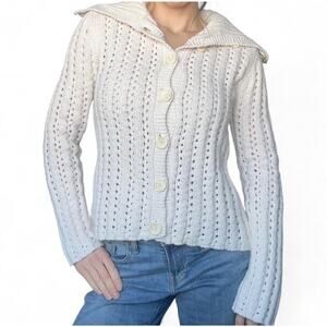 VTG Y2K American Eagle Outfitters Cream Knit Collared Cardigan Sweater Womens L